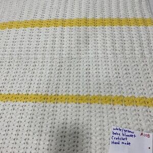 White and yellow crochet baby blanket L45' X W37". SKU-A108#babyblanket
